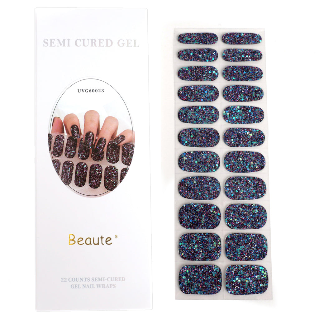 Beaute Gel Nail Stickers, 22 Pcs Semi Cured Gel Nail Strips, Soft Self-Adhesive Full Gel Nail Wraps, UV Lamp Cured Nail Art Manicure Tool (Black Glitter)