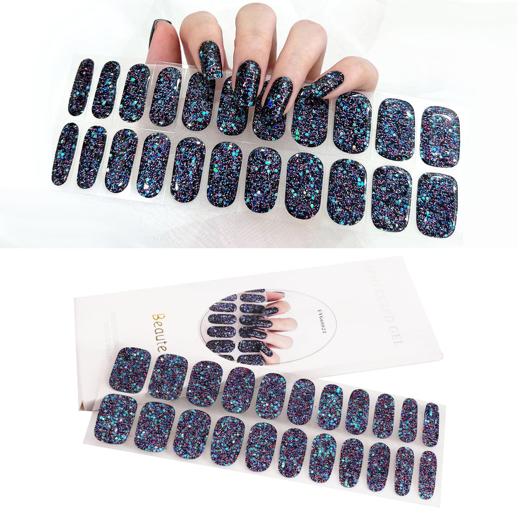 Beaute Gel Nail Stickers, 22 Pcs Semi Cured Gel Nail Strips, Soft Self-Adhesive Full Gel Nail Wraps, UV Lamp Cured Nail Art Manicure Tool (Black Glitter)