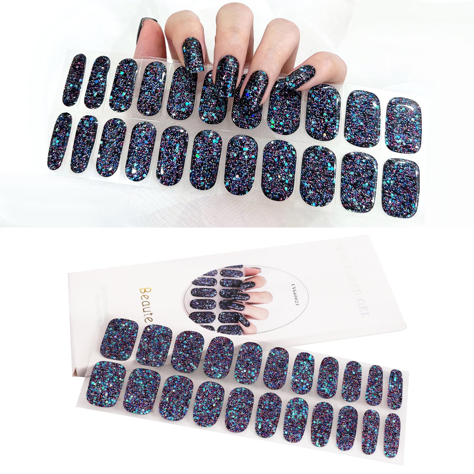 Beaute Gel Nail Stickers, 22 Pcs Semi Cured Gel Nail Strips, Soft Self-Adhesive Full Gel Nail Wraps, UV Lamp Cured Nail Art Manicure Tool (Black Glitter)