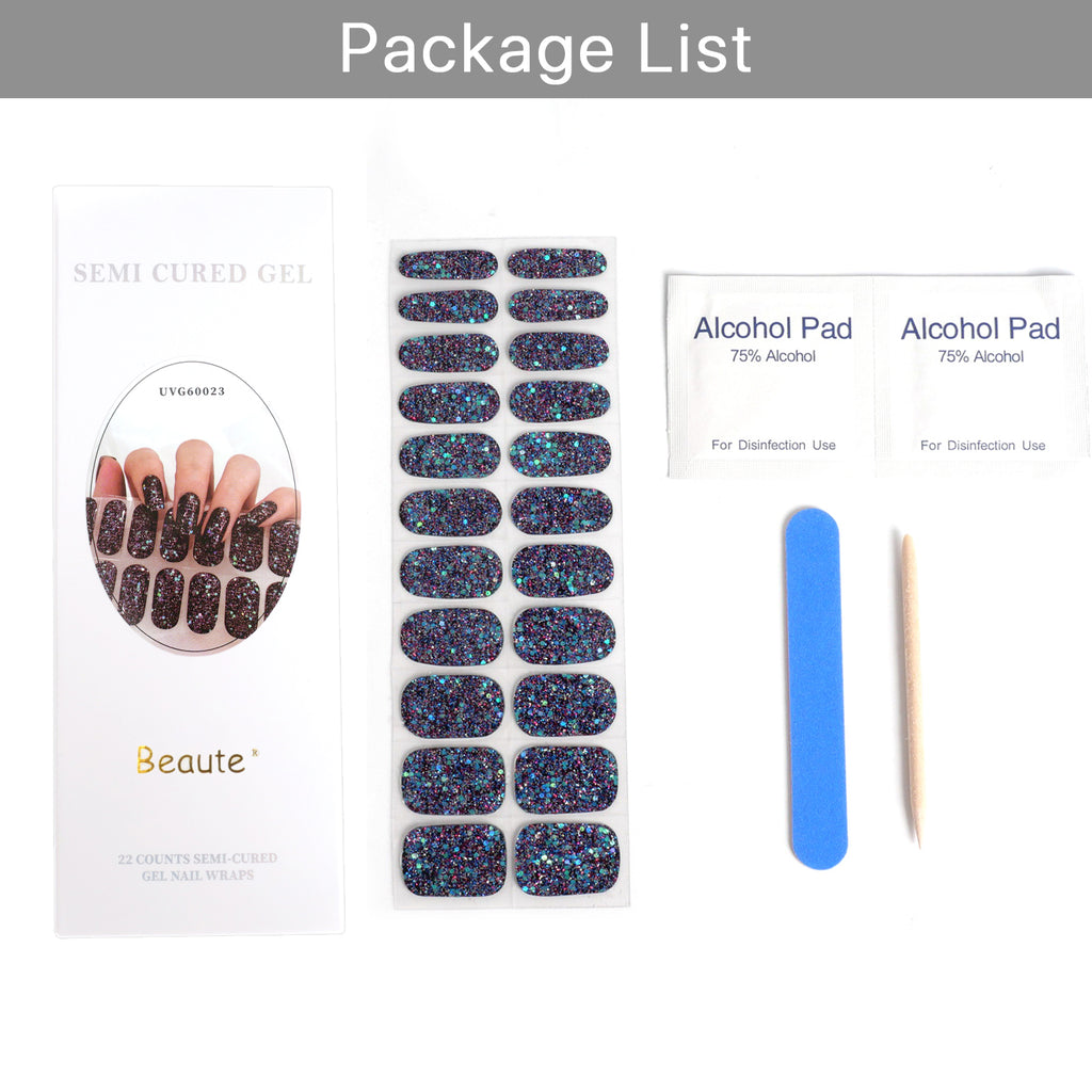 Beaute Gel Nail Stickers, 22 Pcs Semi Cured Gel Nail Strips, Soft Self-Adhesive Full Gel Nail Wraps, UV Lamp Cured Nail Art Manicure Tool (Black Glitter)