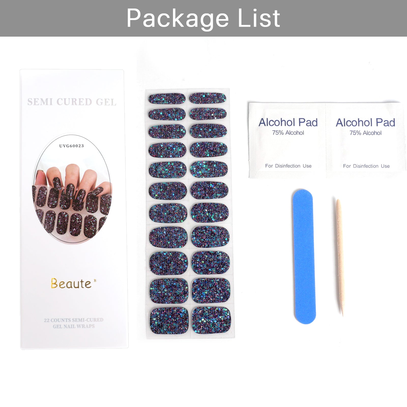 Beaute Gel Nail Stickers, 22 Pcs Semi Cured Gel Nail Strips, Soft Self-Adhesive Full Gel Nail Wraps, UV Lamp Cured Nail Art Manicure Tool (Black Glitter)