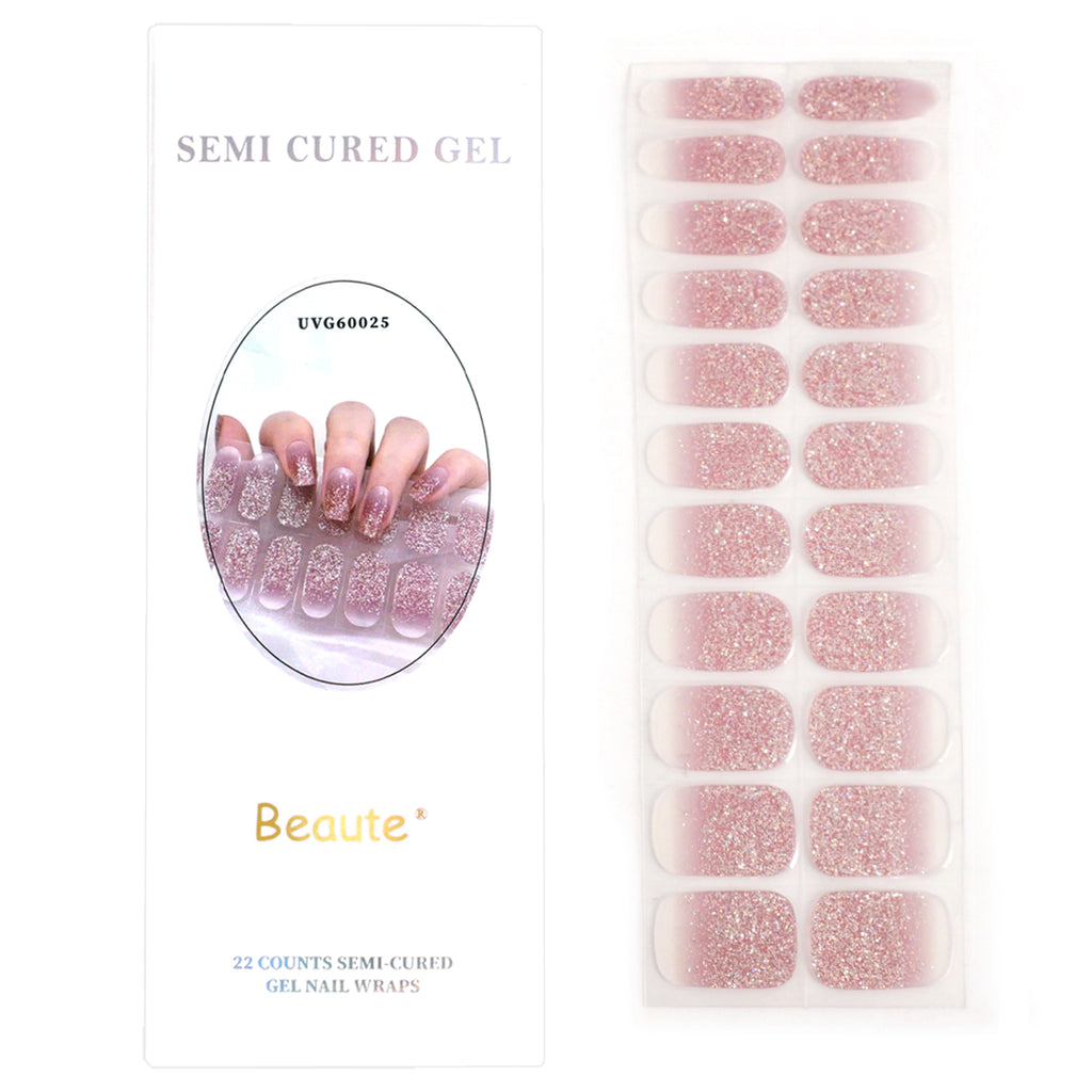 Beaute Gel Nail Stickers, 22 Pcs Semi Cured Gel Nail Strips, Soft Self-Adhesive Full Gel Nail Wraps, UV Lamp Cured Nail Art Manicure Tool (Pink Glitter)