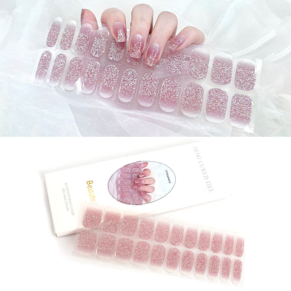 Beaute Gel Nail Stickers, 22 Pcs Semi Cured Gel Nail Strips, Soft Self-Adhesive Full Gel Nail Wraps, UV Lamp Cured Nail Art Manicure Tool (Pink Glitter)