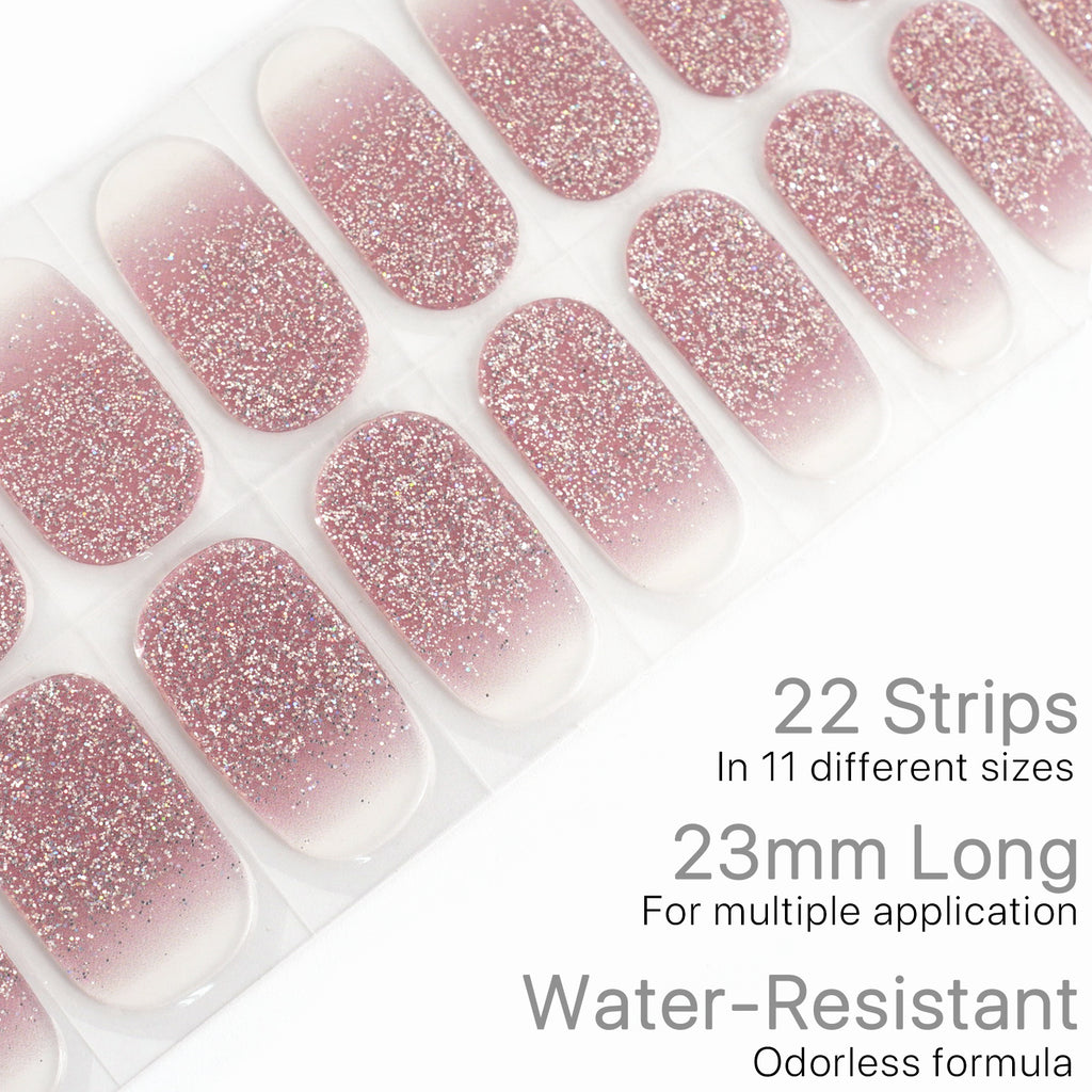 Beaute Gel Nail Stickers, 22 Pcs Semi Cured Gel Nail Strips, Soft Self-Adhesive Full Gel Nail Wraps, UV Lamp Cured Nail Art Manicure Tool (Pink Glitter)
