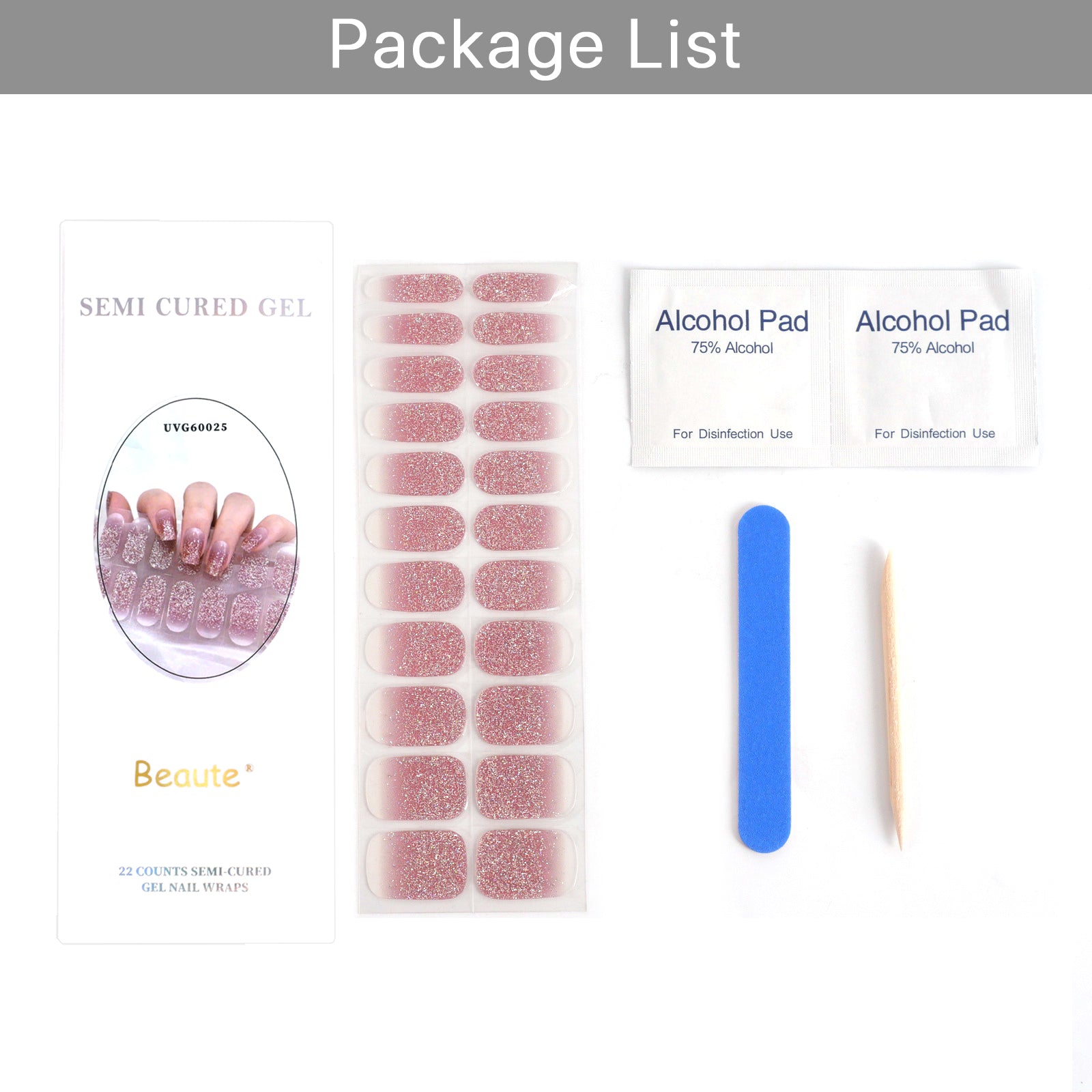 Beaute Gel Nail Stickers, 22 Pcs Semi Cured Gel Nail Strips, Soft Self-Adhesive Full Gel Nail Wraps, UV Lamp Cured Nail Art Manicure Tool (Pink Glitter)