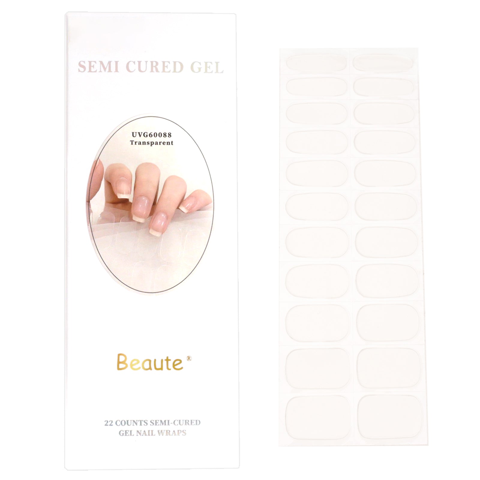 Beaute Gel Nail Stickers, 22 Pcs Semi Cured Gel Nail Strips, Soft Self-Adhesive Full Gel Nail Wraps, UV Lamp Cured Nail Art Manicure Tool (Clear)