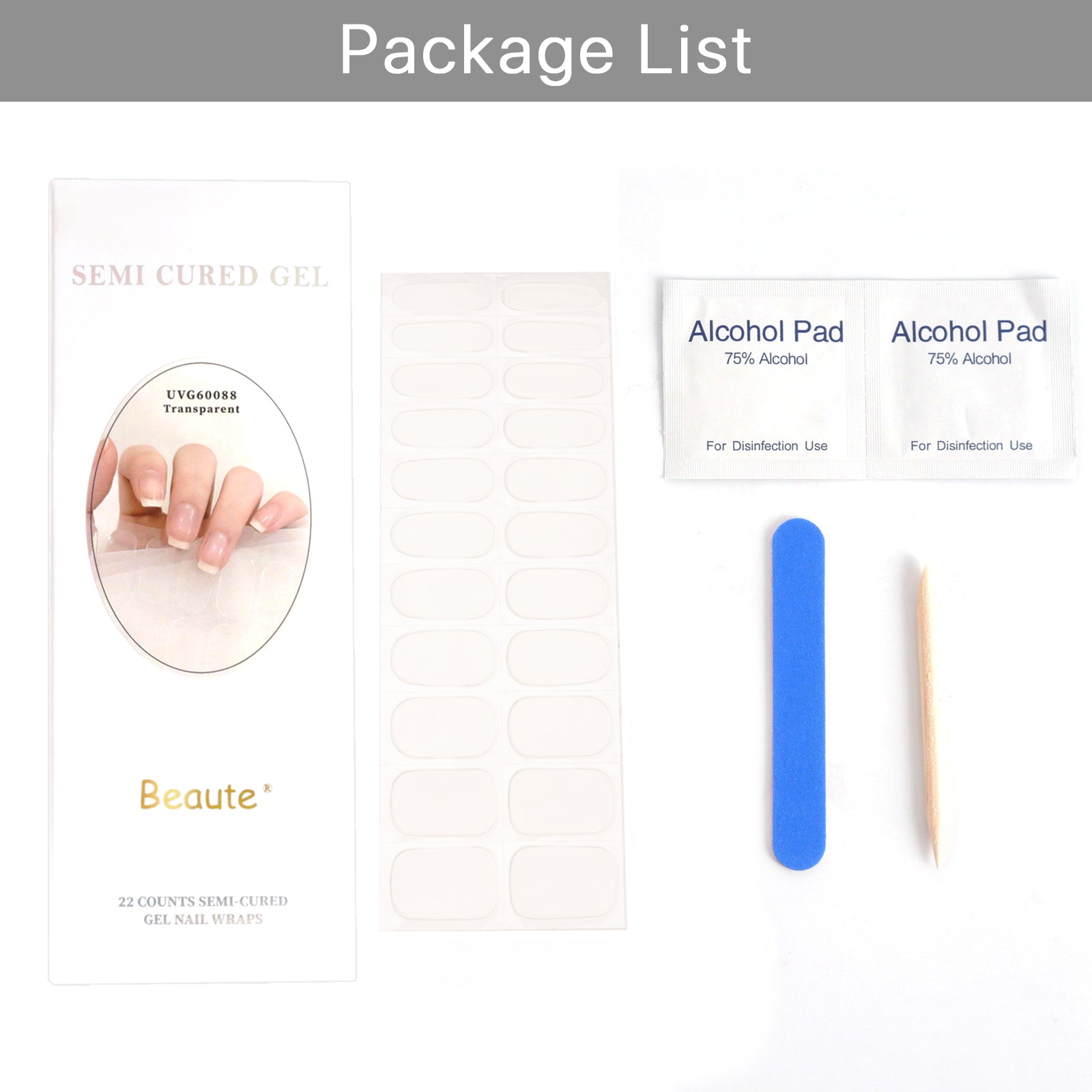 Beaute Gel Nail Stickers, 22 Pcs Semi Cured Gel Nail Strips, Soft Self-Adhesive Full Gel Nail Wraps, UV Lamp Cured Nail Art Manicure Tool (Clear)